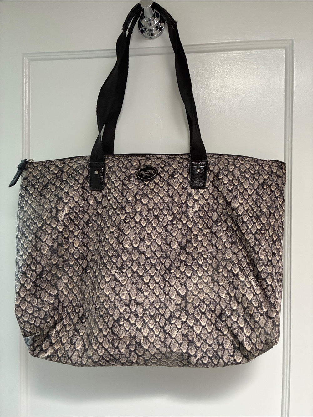 Coach Metallic Snake-Print Tote in Black and Silver Tones